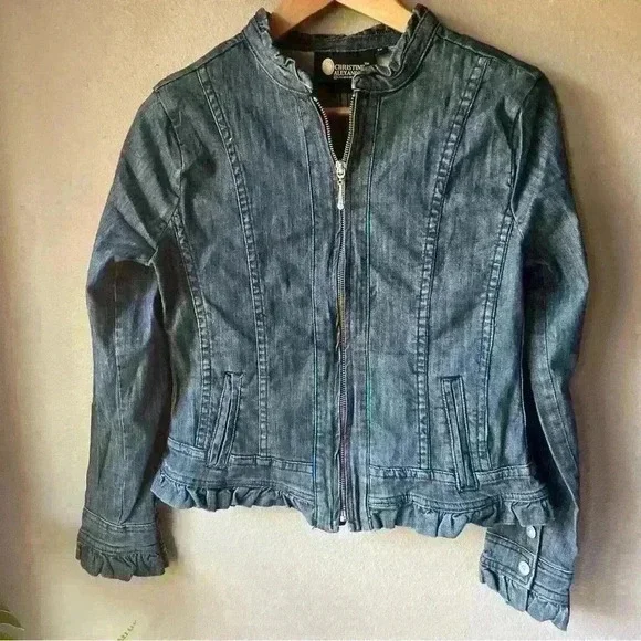 CHRISTINE ALEXANDER Jean Jacket Ruffle Trim Rhinestone Buttons Denim XS - Picture 1 of 12